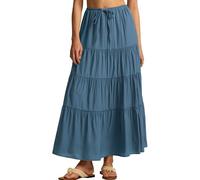 AIEOE Women Soft A Line Long Midi Denim Skirt Tired Pleated Layers Elastic Waist Front Drawstring Blue M
