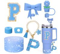 AIERSA Blue Cup Accessories Set for Stanley Cup 40 30 oz Tumbler with Handle, Cup Charms Decorations with Flower Straw Cover Topper Cap, Initial Letter Charms, Silicone Boot, Spill Stopper, Letter P