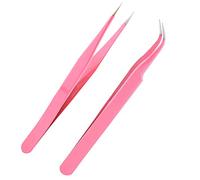 AIEX 2 x Russian Volume Tweezers, Stainless Steel Eyelash Extension Tweezers with Straight and Curved Tip (Pink)