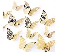 AIEX 24pcs 3D Butterfly Wall Stickers, 3D Butterfly Ornaments Removable Vivid Stickers with 3 Different Sizes for Room Decor Birthday Party Decorations (Style 3, Gold)