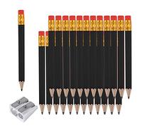 AIEX 25pcs Half Pencils with Eraser, 4 Inch/ 10cm Mini HB Hexagon Golf Pencils with 1 Sharpener for Kids School Office Baby Shower Wedding (Black)