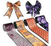 AIEX 4 Rolls 24yards Halloween Wired Edge Ribbon, 2.5inch x 6 Yards Spider Web Pumpkin Ribbon Wired Halloween Ribbons for Crafts DIY Wreaths Festival Decorations (Purple, Orange)