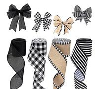 AIEX 4 Rolls 6.56 Yard Plaid Ribbon Burlap Fabric for Crafts, Black and White Plaid Burlap Wired Ribbons Strap Decorations for DIY Crafts Making Countryside Style Bow-Knot (4 Styles), White,Black