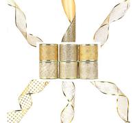 AIEX 6 Roll Christmas Ribbon for Christmas Tree Decorations, Wired Ribbon Assorted Glitter Tulle Decorations for Gift Wrapping, Gold Ribbon for DIY Xmas Decorations (6.35cm Wide, 5.5m Length)