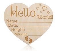 AIEX Wooden Baby Announcement Sign, Love Heart Shaped Hello World Plaque Newborn Baby Birth Sign Board Wooden Newborn Welcome Sign for Hospital Nursery Photo Prop Baby Shower
