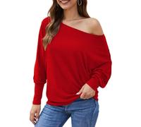 Aifer Women's Off The Shoulder Tops Sexy Long Sleeve Shirts Oversized Fashion Casual Batwing Sweaters Pullover Tunic Tops, Red, L