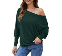 Aifer Women's Off The Shoulder Tops Sexy Long Sleeve Shirts Oversized Fashion Casual Batwing Sweaters Pullover Tunic Tops, Dark Green, M