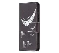 AIFILLE Compatible with Samsung Galaxy A22 5G Flip Black Case Leather PU Phone Cover with 2 Credit Card Holder and 1 Cash or Ticket Slot with White Teeth Pattern Dont Touch My Phone
