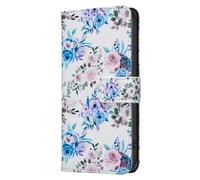 AIFILLE Premium Leather PU Kickstand Durable Shockproof Waterproof Protective Compattible for iPhone 16 Pro Max Wallet Case Fresh Blue Pink Flowers Pattern with Credit Card Holder Phone Cover