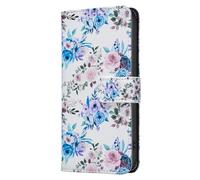 AIFILLE Premium Leather PU Kickstand Durable Shockproof Waterproof Protective Compattible for iPhone 11 Pro Max Wallet Case Fresh Blue Pink Flowers Pattern with Credit Card Holder Phone Cover