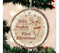 AIFLM Personalized Christmas Ornament, Baby’s First Christmas, Reindeer Rustic Round, Christmas 2024 Keepsake Ornament