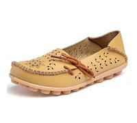 AIFLM Womens Leather Loafer Moccasin Slip on Driving Nurse Hiking Shoes Non Slip Casual Comfort Soft Shoes Hollowed Out Light Antiskid Flat Soled Orange