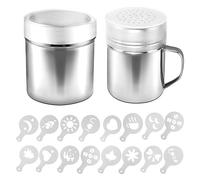 AIFUDA 2 Pcs Stainless Steel Powder Shaker with Lid, 16 pcs Printing Molds Stencils, Powder Cans with Hole or Fine-Mesh for Coffee Cappuccino Latte for Kitchen Baking Cooking