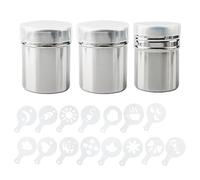 AIFUDA 3 Pack Stainless Steel Powder Shaker with 16 pcs Printing Molds Stencils, Powder Cans with Mesh for Coffee Cappuccino Latte, Dredge Shaker with Hole for Kitchen, Restaurants