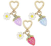 AIFUDA 3Pcs Strawberry Keychain, Cute Strawberry Heart-Shaped Flowers Keyrings Daisy Keychain Accessories for Girls Purse (Red Blue Purple)