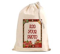 AIGAT Personalised Custom Photo Picture Print in Frame on Santa Christmas Natural Cotton Sack Bag Extra Large with Drawstring for Xmas Holiday Presents - Gifts