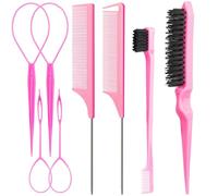 Aigee 8Pcs Hair Styling Combs Set Include 4Pcs Topsy Hair Tail Tools 2 Styles of Rat Tail Comb,1Pcs Bristle Teasing Slick Back hair Brush,1Pcs Edge Control Brush,Eyebrow Brush for Woman Girl Pink