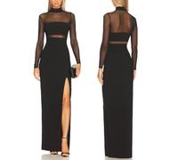 Aigeman Women See Through Mesh Long Sleeves Maxi Dress Turtleneck Bodycon Long Dresses Side Slit Cocktail Party Dress 451, Black, S