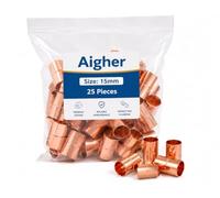AIGHER 15mm End Feed Copper Equal Straight Coupling, Pack of 25, Copper Pipe Connector Coupler for Plumbing, Heating, Hot and Cold Water Systems, Solder Fitting for Domestic and Commercial Pipework