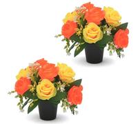 AIGOCITY 2 PCS Artificial Flowers for Graves Pots,2 Colors Yellow Orange Roses Grave Flower Pots Silk Cemetery Ornaments Outdoor Decorations, Fake Funeral Memorial Bouquet in Pot for Graveside