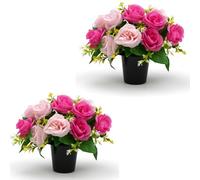 AIGOCITY 2 PCS Artificial Flowers for Graves Pots,2 Colours Pink Purple Roses Grave Flower Pots Silk Cemetery Ornaments Outdoor Decorations, Fake Funeral Memorial Bouquet in Pot for Graveside