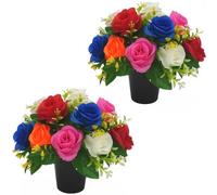 AIGOCITY 2 PCS Artificial Flowers for Graves Pots,5 Colors Roses Grave Flower Pots Silk Cemetery Ornaments Outdoor Decorations,Fake Funeral Memorial Bouquet in Pot for Graveside