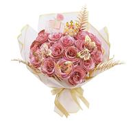 AIGOCITY 24 Pcs Glitter Roses Bouquet,Artificial Rose Bouquet,Sparkly Rose,DIY Fake Glitter Bouquets with Crown Card 3D Butterfly for Birthday Gifts Wedding Valentine's Day Mother's Day (Light Pink)