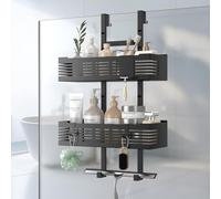 AIGOCITY Black Minimalist Shower Shelf, Adjustable Height, No Drilling Required, Glass Shower Door Compatible, 3 Hooks, Stainless Steel