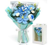 AIGOCITY Crochet Flowers Bouquet,Hand Knitted Flower Bouquet for Home Decor Anniversary Weddings Birthdays Mother's Day with Gift Bag and Greeting Card, Blue