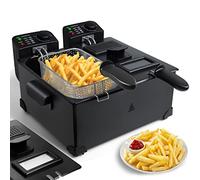 Aigostar Deep Fat Fryer with Dual Tanks, Large Deep Fryers with Viewing Window, 6 litres, 2 Chip Baskets and Lids, Adjustable Temperature Control, Stainless Steel, Black