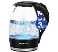 Aigostar Adam 30KHH Glass Electric Kettle, 2200W Fast Boil, 1.7L BPA-Free Water Boiler with LED Light, Auto Shut-Off & Boil-Dry Protection, Borosilicate Glass, Black