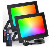 Aigostar LED Floodlight Outdoor 50W 5000LM, Colour Changing Flood Lights Dimmable, RGB Outdoor Lights Mains Powered with Remote Control, Timing, 6 Modes, IP65 Waterproof, UK 3-Plug, 2 Pack