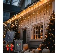 Aigostar Solar Christmas Icicle Lights Outdoor, 5M 100 LED, IP65 Waterproof, Auto Dusk to Dawn, 8 Modes with Memory Function, Warm White for House Roof, Gutter, Garden, Window Decor
