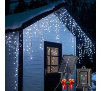 Aigostar Solar Christmas Icicle Lights Outdoor, 5M 100 LED, IP65 Waterproof, Auto Dusk to Dawn, 8 Modes with Memory Function, Cool White for House Roof, Gutter, Garden, Window Decor
