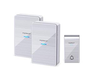 Aigostar Wireless Doorbell Waterproof Door Bell 2 Battery Operated Receivers 150M Long Range 36 Ring Bell 3 Volume Levels Door Bells with Blue Light Indicator for Home Garden Hard of Hearing Silver