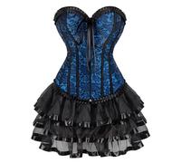 AIGOUT Court-style brocade corset and ballet skirt set with front zipper Gothic-style corset dress Burlesque Renaissance fishbone bodice bustier with multi layer lace tutu (Blue Black, S)