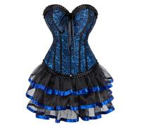 AIGOUT Court-style brocade corset and ballet skirt set with front zipper Gothic-style corset dress Burlesque Renaissance fishbone bodice bustier with multi layer lace tutu (Blue, XXL)