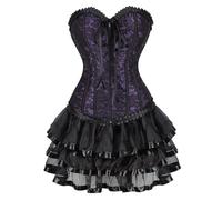 AIGOUT Court-style brocade corset and ballet skirt set with front zipper Gothic-style corset dress Burlesque Renaissance fishbone bodice bustier with multi layer lace tutu (Purple, XXL)