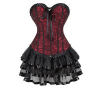 AIGOUT Court-style brocade corset and ballet skirt set with front zipper Gothic-style corset dress Burlesque Renaissance fishbone bodice bustier with multi layer lace tutu (Red, XXL)