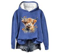 AIGOUT Highland Cow Hoodies for Women UK Sweatshirt O Neck Kawaii Cow Letter Print Long Sleeve Teen Girls Basic Sweatshirt School Juniors Tops Casual Pullover Cosy Tops Soft Stretchable (Blue, S)