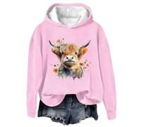 AIGOUT Highland Cow Hoodies for Women UK Sweatshirt O Neck Kawaii Cow Letter Print Long Sleeve Teen Girls Basic Sweatshirt School Juniors Tops Casual Pullover Cosy Tops Soft Stretchable (Pink, L)