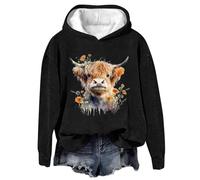 AIGOUT Highland Cow Hoodies for Women UK Sweatshirt O Neck Kawaii Cow Letter Print Long Sleeve Teen Girls Basic Sweatshirt School Juniors Tops Casual Pullover Cosy Tops Soft Stretchable (Black, M)