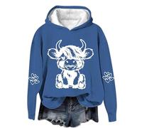 AIGOUT Hoodies for Women UK Sales Clearance Highland Cow Sweatshirt O Neck Kawaii Cow Letter Print Casual Pullover Long Sleeve Teen Girls Basic Sweatshirt School Juniors for Ladies (Blue, S)