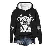 AIGOUT Hoodies for Women UK Sales Clearance Highland Cow Sweatshirt O Neck Kawaii Cow Letter Print Casual Pullover Long Sleeve Teen Girls Basic Sweatshirt School Juniors for Ladies (Black, L)