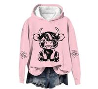 AIGOUT Hoodies for Women UK Sales Clearance Highland Cow Sweatshirt O Neck Kawaii Cow Letter Print Casual Pullover Long Sleeve Teen Girls Basic Sweatshirt School Juniors for Ladies (Pink, L)