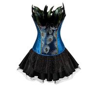 AIGOUT Peacock Feather Fishbone Corset Dress - Vintage Court Embroidery Gothic Corset Flower Bud Short Skirt Set for Halloween Cosplay Party (Blue Black, 5XL)