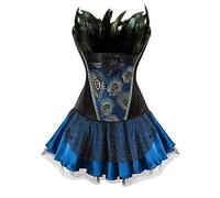 AIGOUT Peacock Feather Fishbone Corset Dress - Vintage Court Embroidery Gothic Corset Flower Bud Short Skirt Set for Halloween Cosplay Party (Black Blue, 6XL)