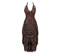 AIGOUT Steampunk Corset Pirate Skirt Two-Piece - Necklacing Leather Corset Vintage Leather Chain-Link Gothic Necklacing Dress Suit for Women Faux Leather Bustier with Ruffled Skirt (Brown, S)