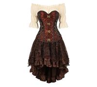 AIGOUT Steampunk Corsets Bustiers Skirt Blouse 3 Piece Set for Women - Vintage Court Brocade Gothic Studded Chain One-Shoulder Fishbone Bustier Outfit (Brown, XXL)