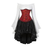 AIGOUT Vintage Court Brocade Corset Set Underbust Pirate Blouse Gothic Skirt - Bell Sleeve Bodice Halloween Costume (Red Black, XXL)